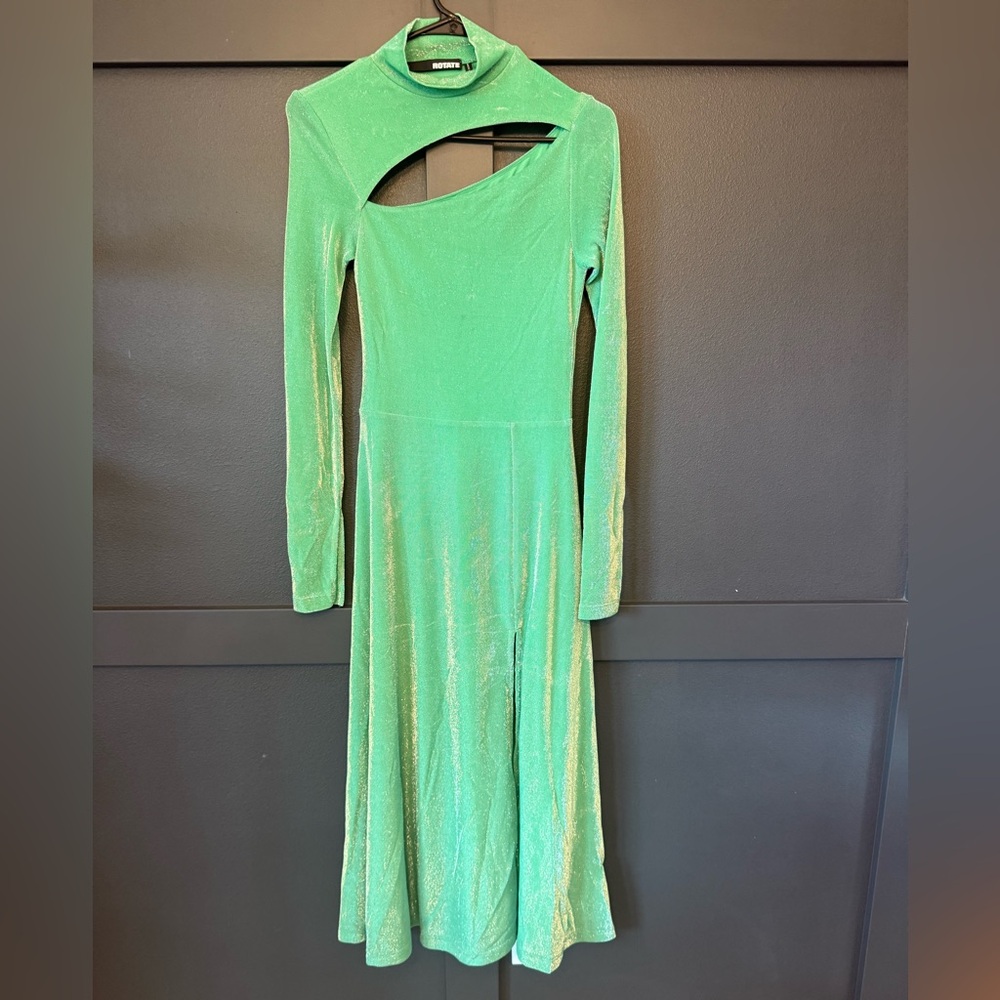 Rotate Birger Christensen CutOut Lurex MIDI Green Metallic Dress Size 4